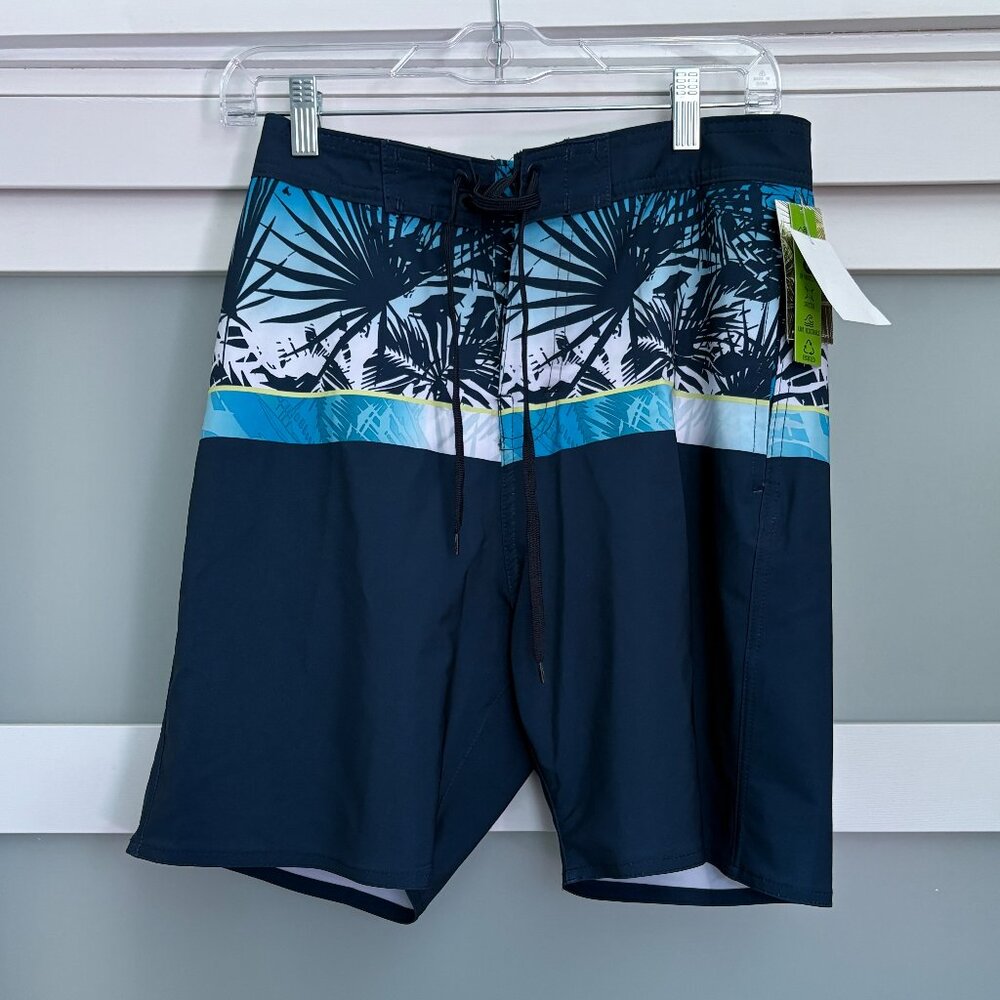 Young Men's BURNSIDE Navy Stretch Board Swim Shorts Palm Leaves sz 30 NEW